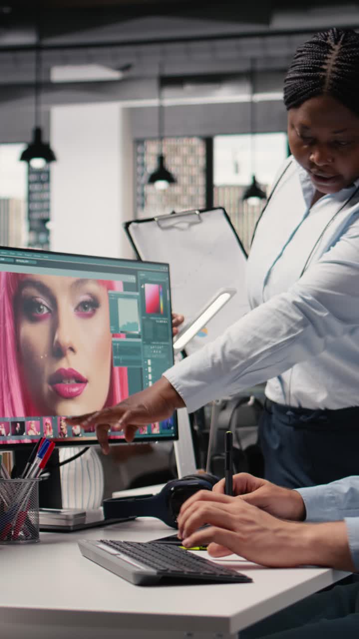 Vertical Video Two Photo Editors Working On Image Selection And Editing On Retouching Software