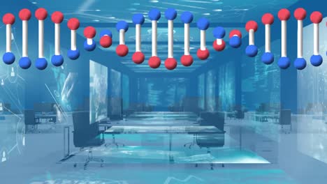 Animation-of-dna-strand-spinning-and-data-processing-over-empty-office