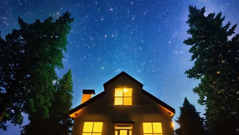 casa luminosa bajo un cielo estrellado de noche