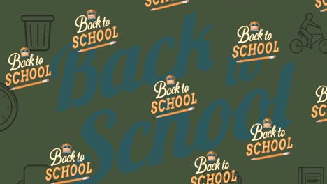 Animation-of-repeated-text-back-to-school-and-pencil-moving-over-green-with-back-to-school-in-blue