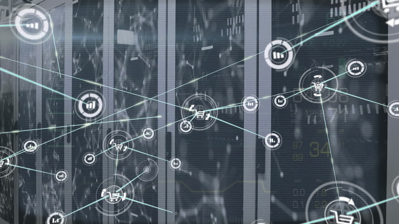 아이콘과 데이터 처리와 서버  ⁇ 을 통한 연결 네트워크의 애니메이션