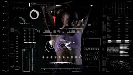 digital interface against woman in sports wear tying her hair