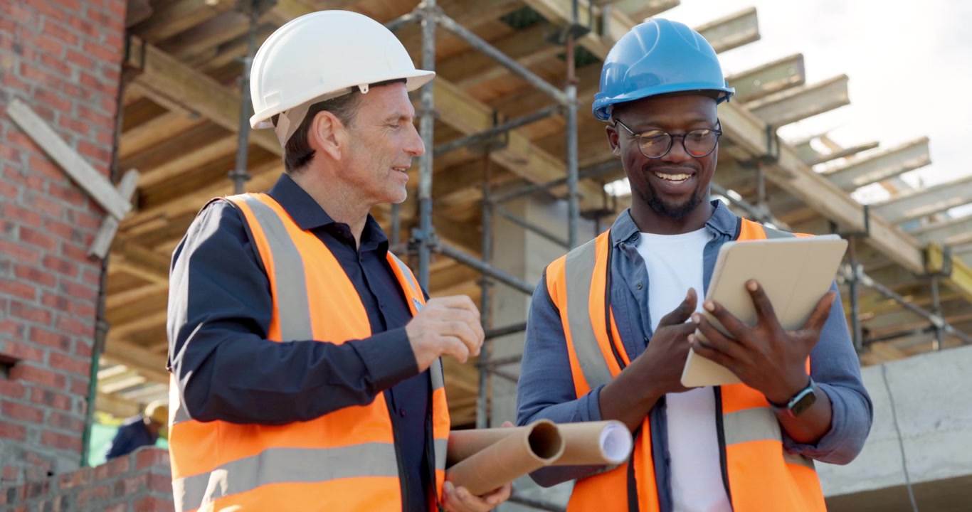 Two Construction Managers Discussing Project Plans on a Tablet at a Building Site