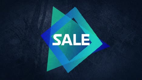 Animation-of-huge-sale-text-in-white-over-blue-square-and-triangle-on-grey-flickering-background