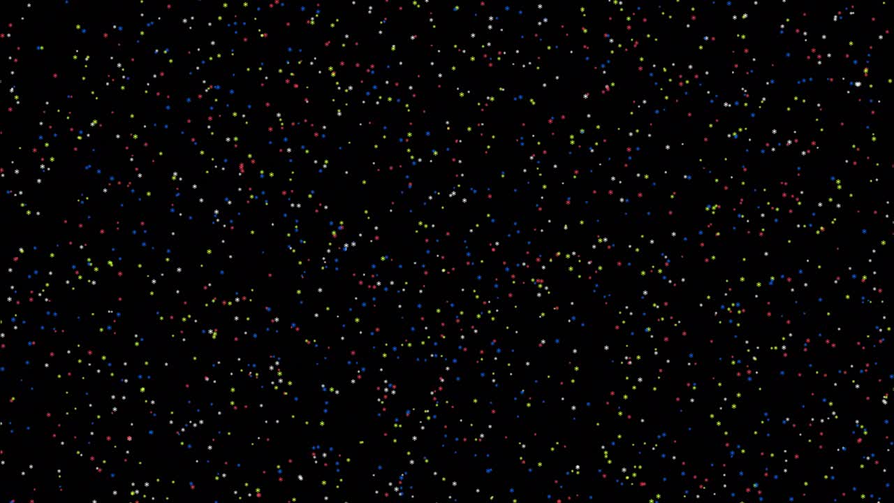 Abstract animation of multicolored glitter particles falling slowly against a deep black background, suitable for festive celebrations and motion graphics