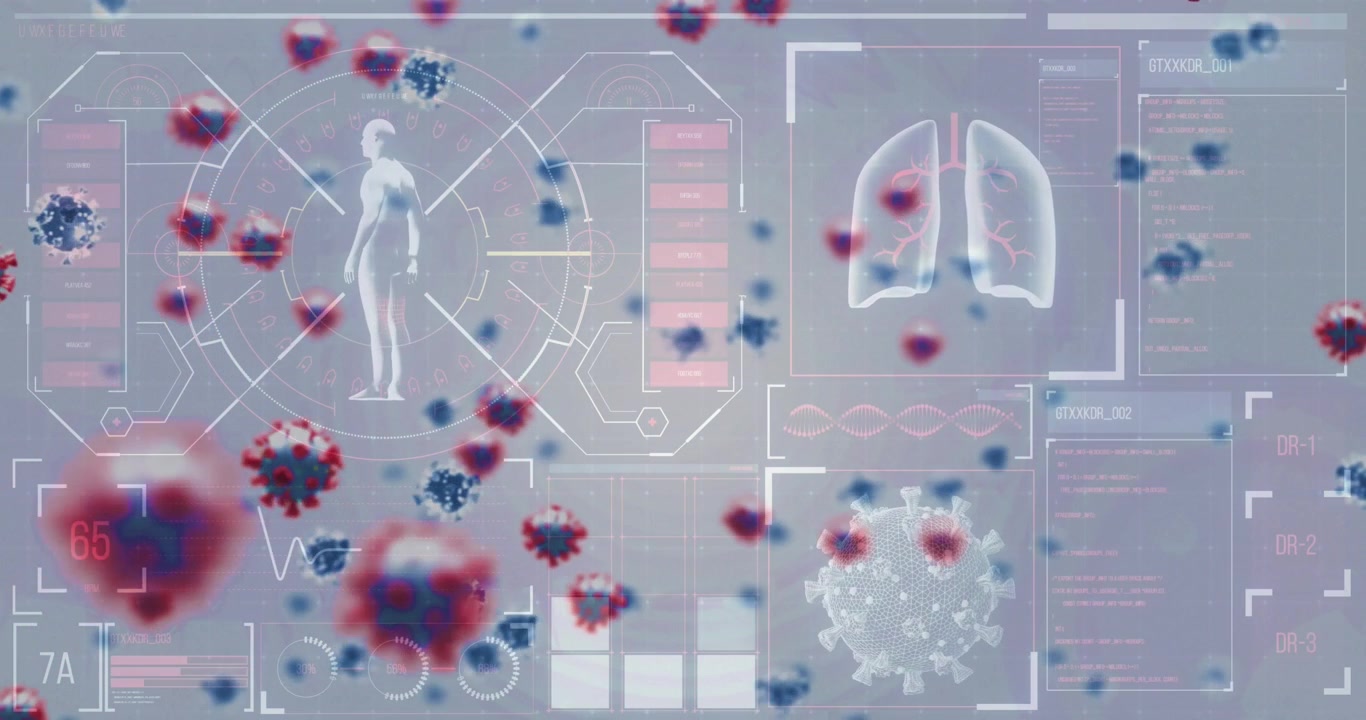 Animation of virus cells floating over digital screen with biological data and human model