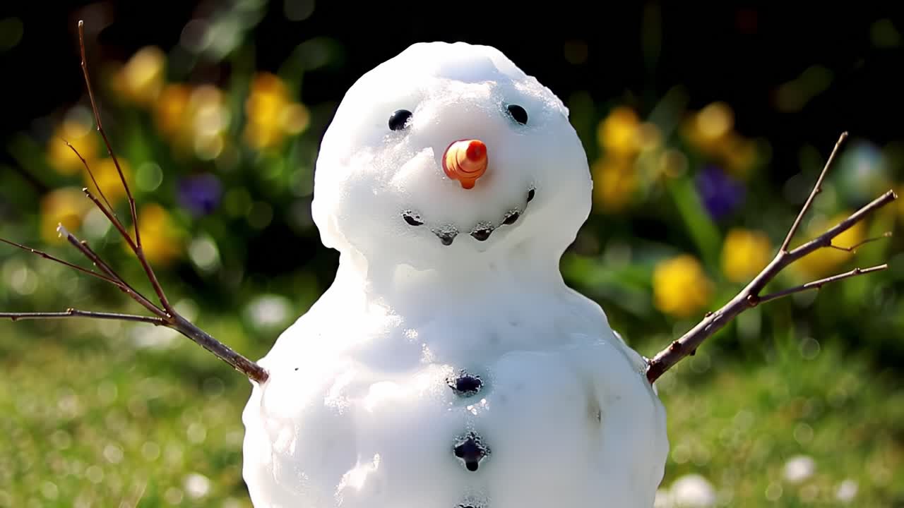 Cheerful Snowman Displaying a Happy Expression Surrounded by Colorful Flowers in a Vibrant Garden Setting during a Beautiful Day