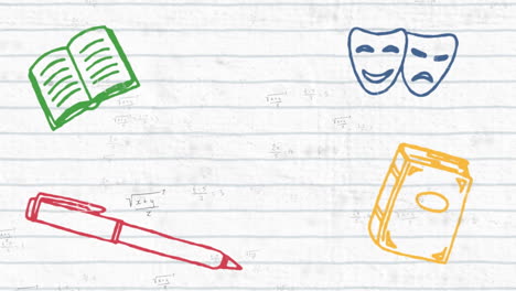 digital animation of school concept icons against mathematical equations on white lined paper