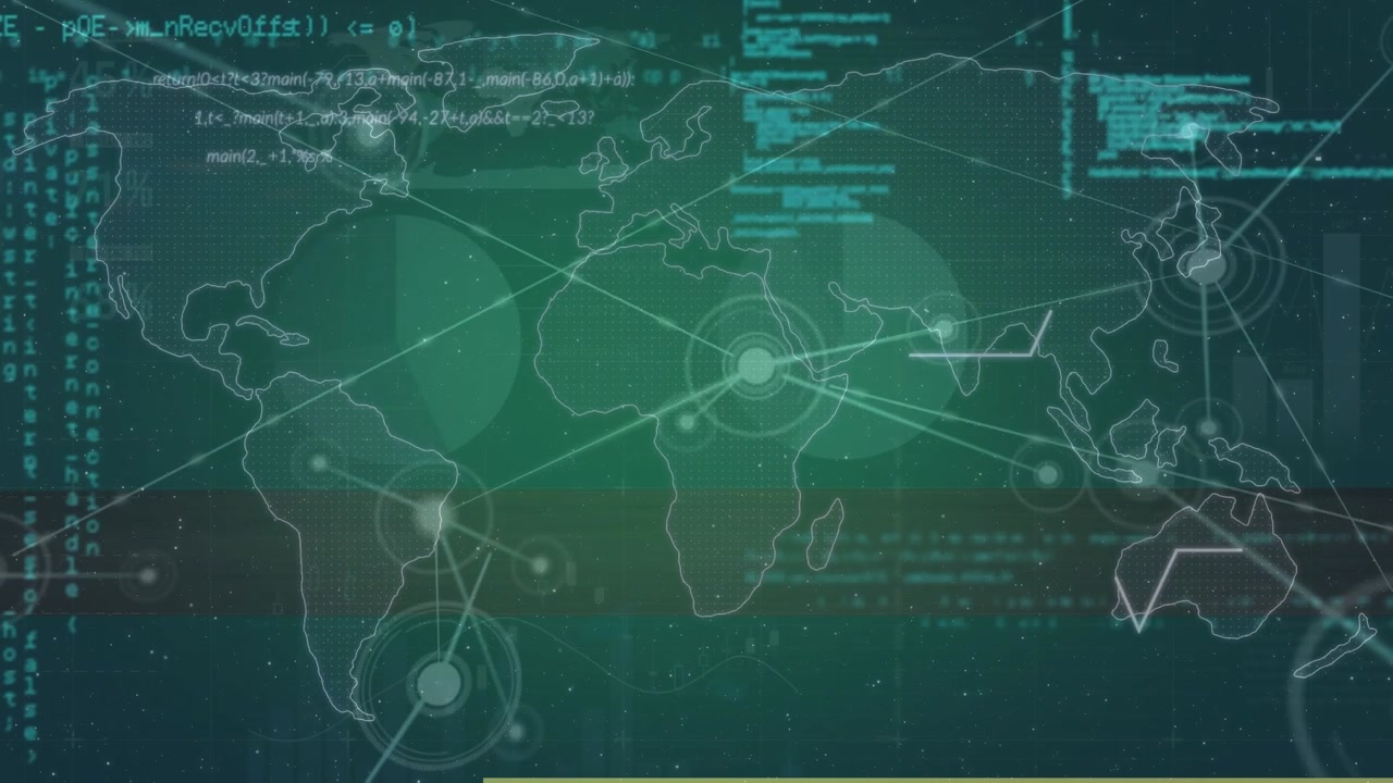 Animation of data processing and world map over black background