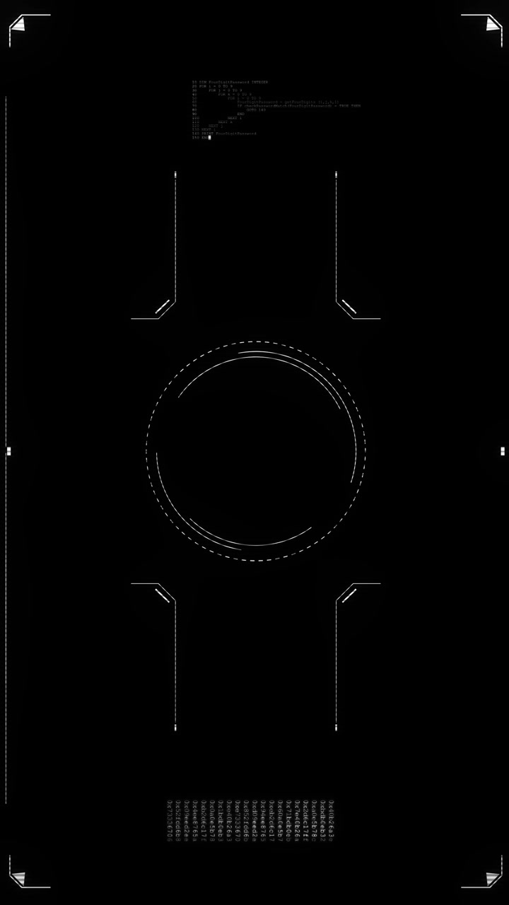 Dark white tech display with central circular scanner fine interface lines corner brackets data text