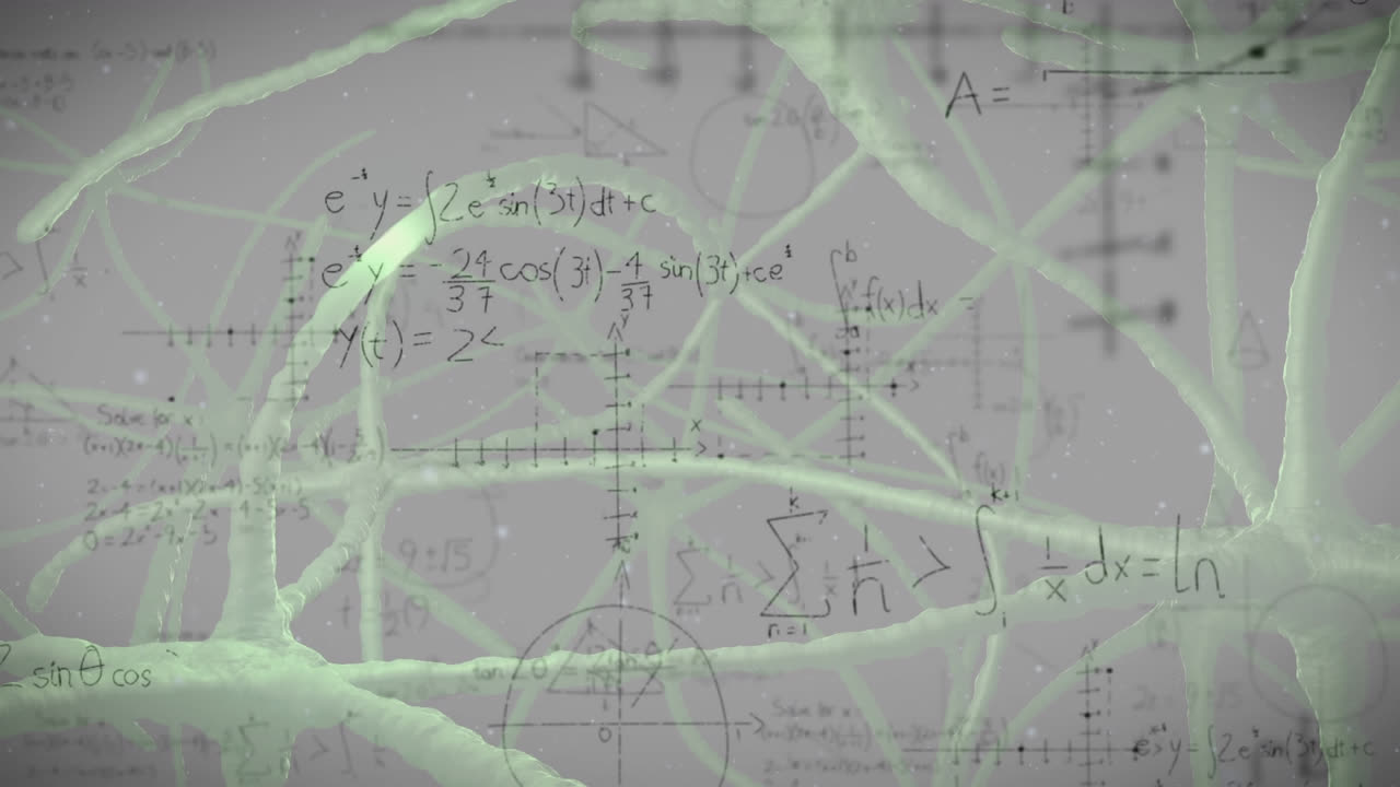 animación de ecuaciones matemáticas sobre neuronas digitales sobre un fondo blanco