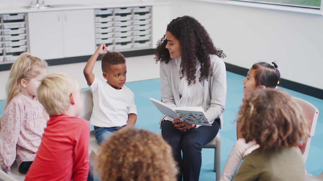 una joven maestra de escuela infantil leyendo un libro a niños sentados en sillas en un aula