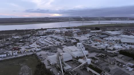 aerial view overlooking uk industrial waterfront refinery factory