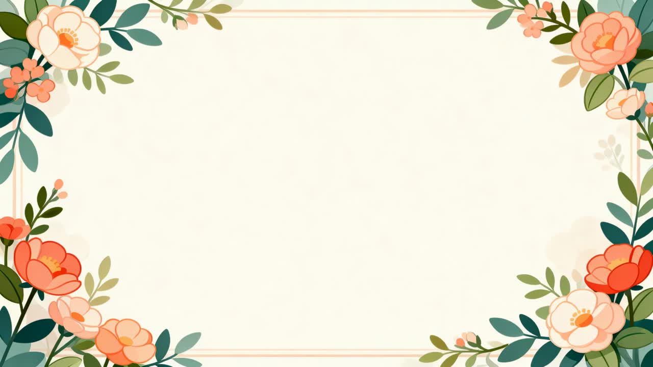 Bucle de inicio, animando esquinas florales que enmarcan un panel color crema para una invitación, con flores de coral melocotón que se mueven.