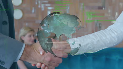 animation of globe and data processing over people shaking hands