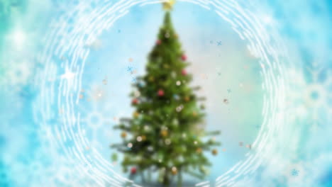 Animation of spinning shapes over blurred christmas tree