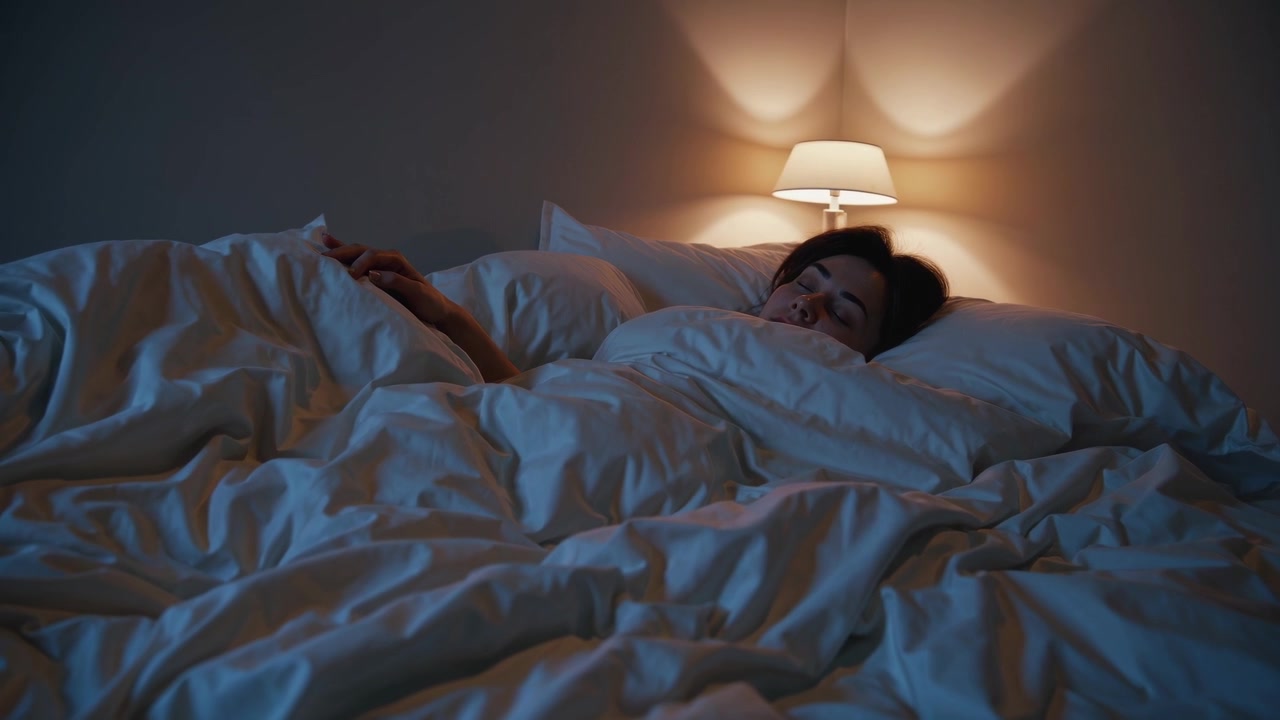 Ung kvinde sover fredeligt i sengen om natten