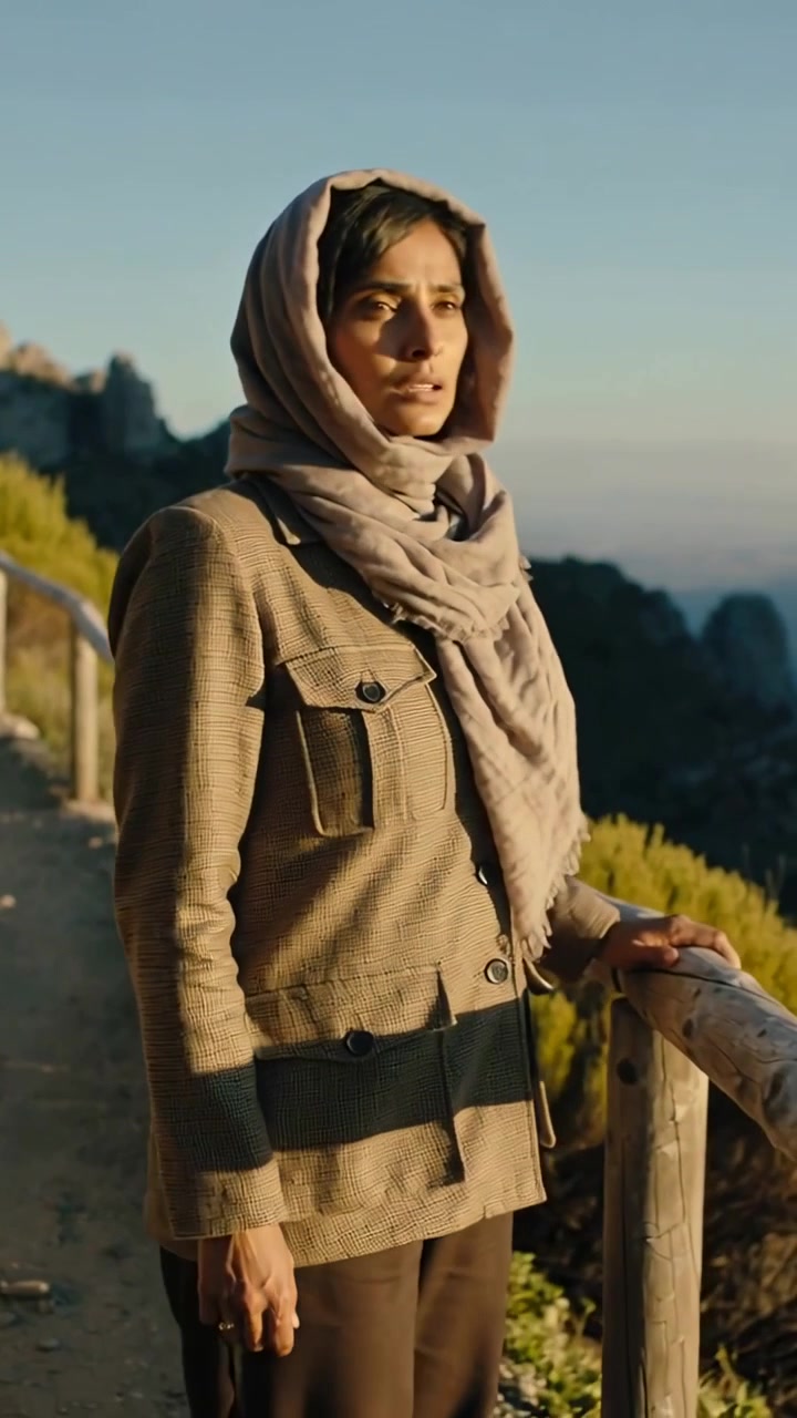 Video verticale: Donna che cammina con foulard e giacca, avvicinandosi all'obiettivo, toccando una ringhiera di legno sulla costa, mentre guarda il mare