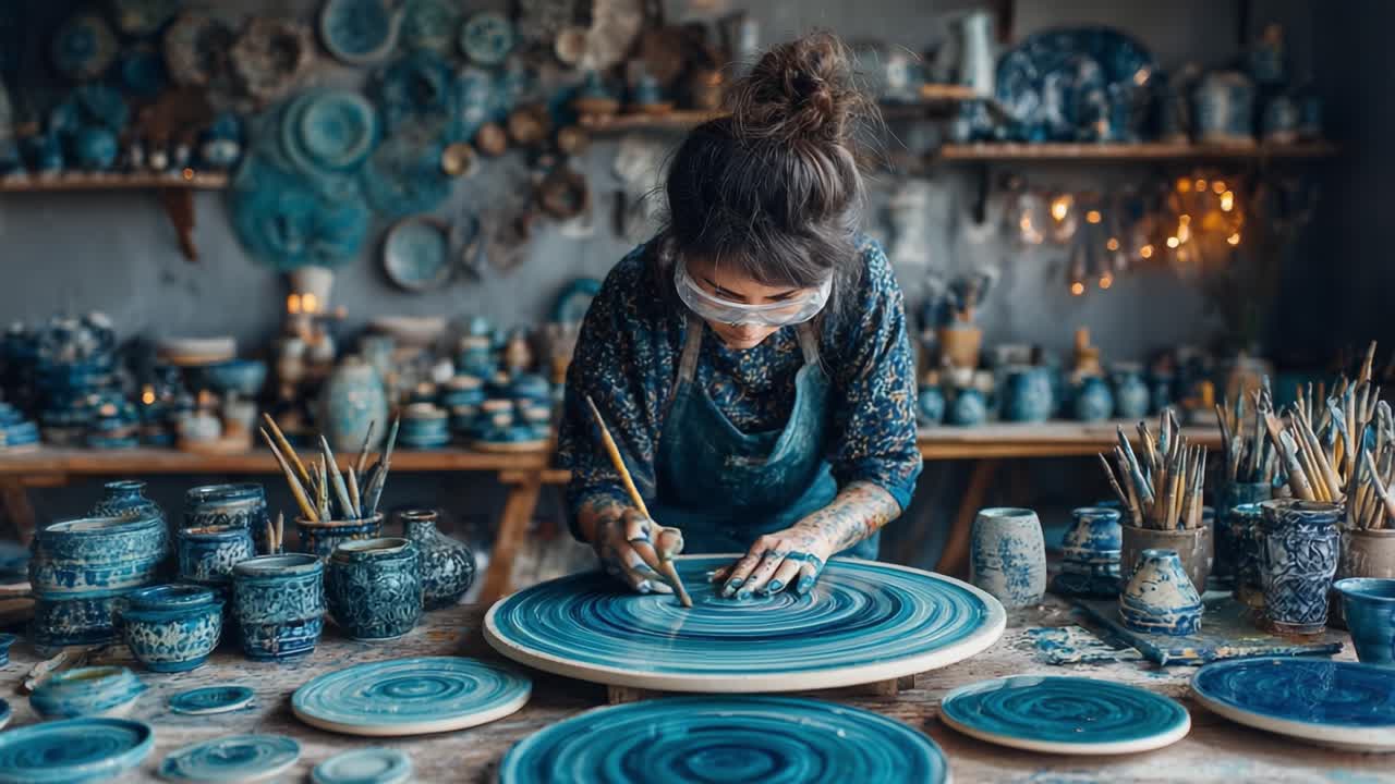 An Artisan's Journey: Capturing the Intricacies of Pottery Making in Vibrant Blue Hues Through a Dedicated Craftsperson's Skilled Hands and Artistic Vision