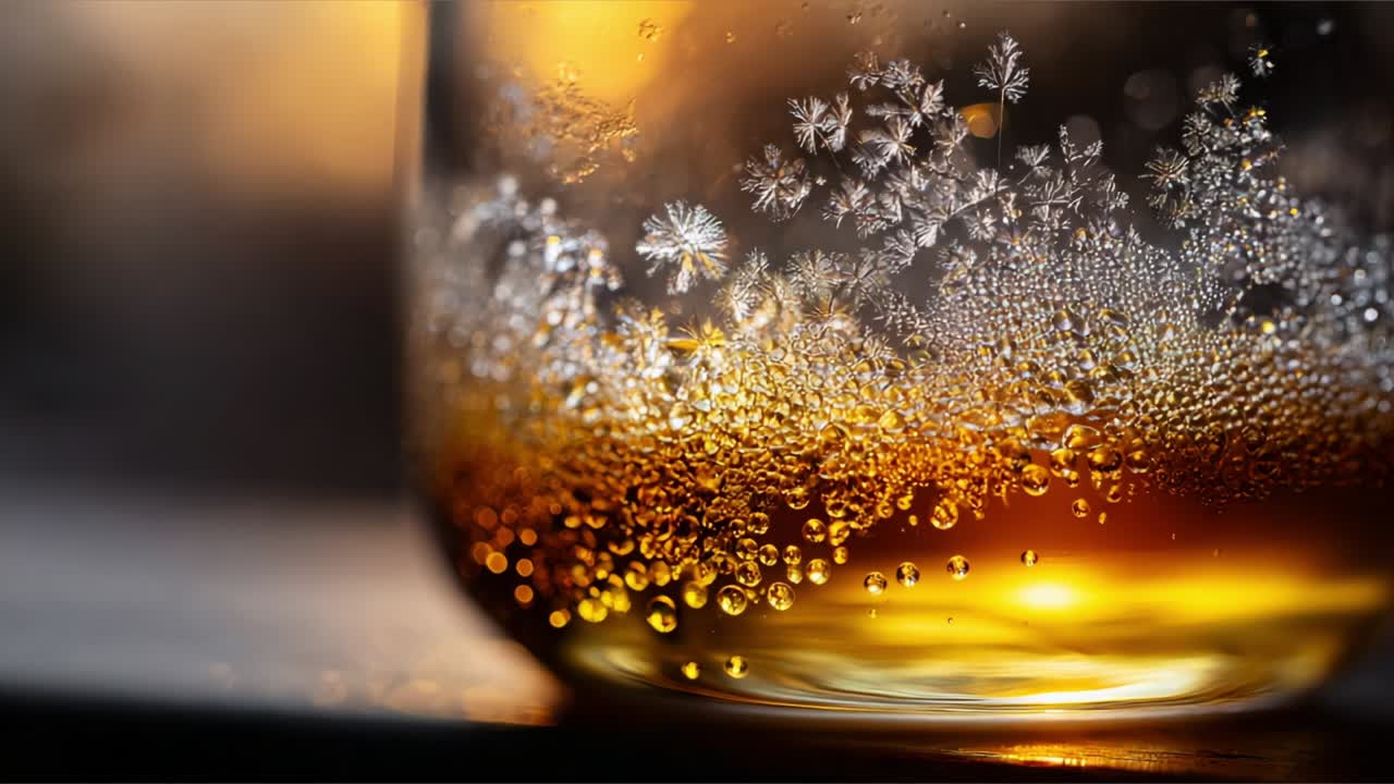 Captivating Close-Up of a Refreshing Beverage Glass Highlighting Bubbles and Ice Crystals as the Sun Sets in the Background, Creating an Inviting and Cozy Atmosphere Ideal for Relaxation and Enjoyment