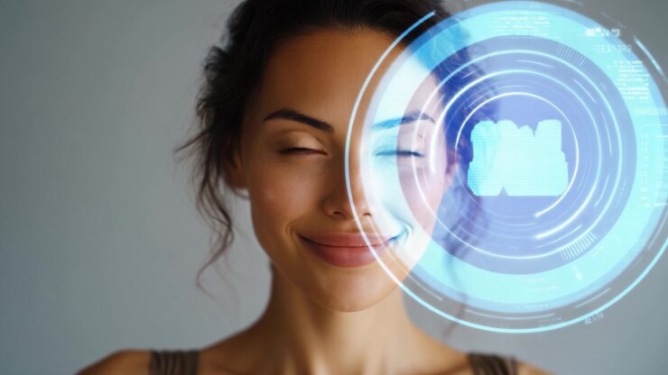 Un ritratto accattivante di una donna con occhi sorprendenti, che mostra grafiche di tecnologia digitale che migliorano i tratti del viso, creando una fusione di bellezza e innovazione.