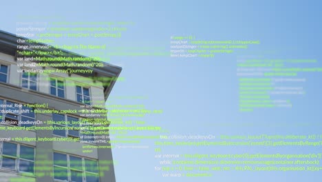 animation of data processing over tall building against blue sky