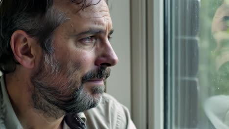 a man with a beard and mustache is looking out a window