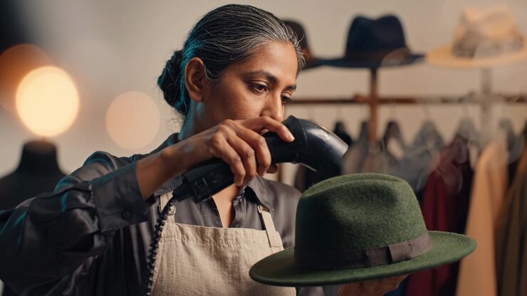 Un artigiano dedicato sta accuratamente vaporizzando un cappello verde per garantirne la forma e la presentazione perfette in un'elegante boutique di cappelli.