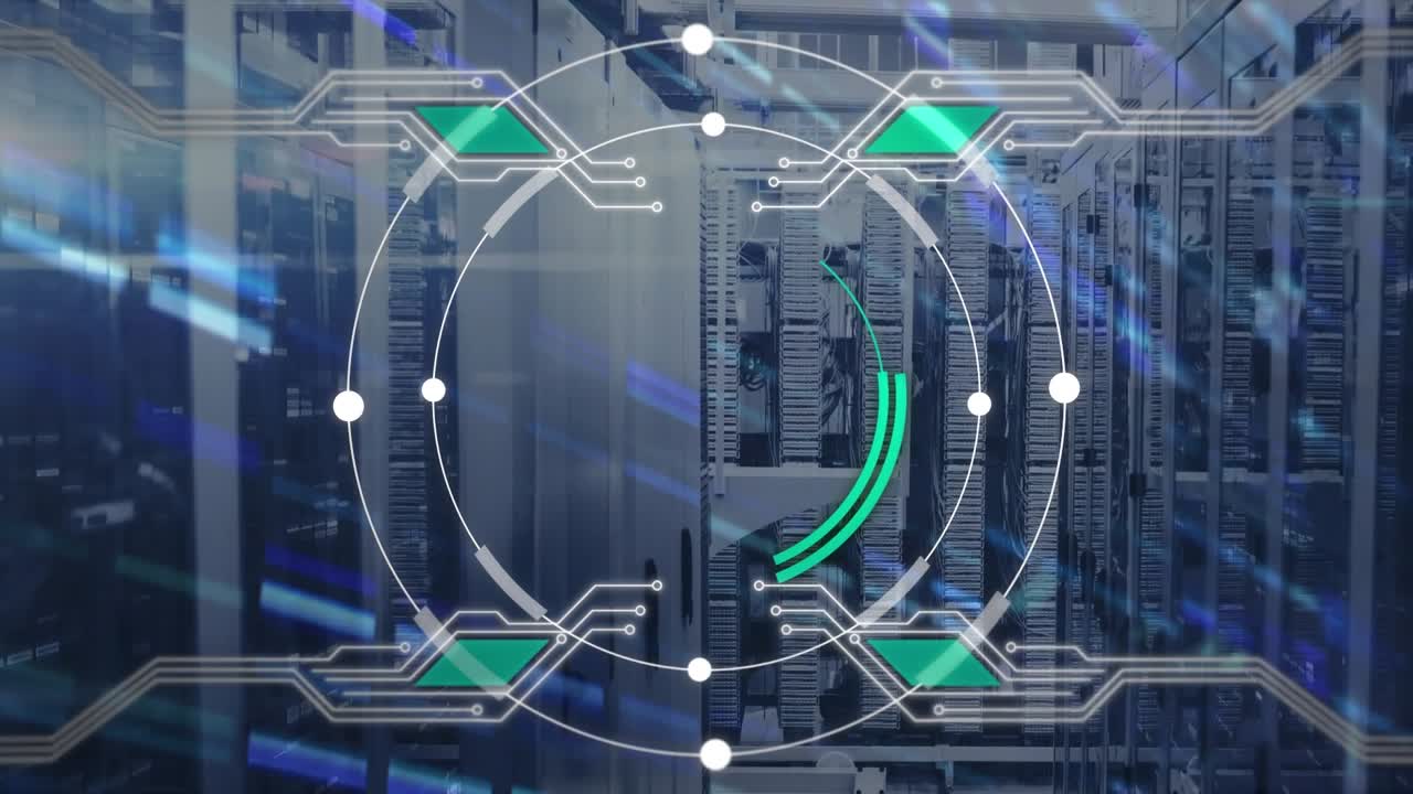 Animation of processing circle and integrated circuit over blue lights and servers