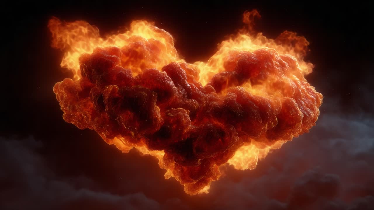 Uma ilustração cativante de um coração flamejante formado por chamas e fumaça, que simboliza paixão e intensidade em um visual impressionante