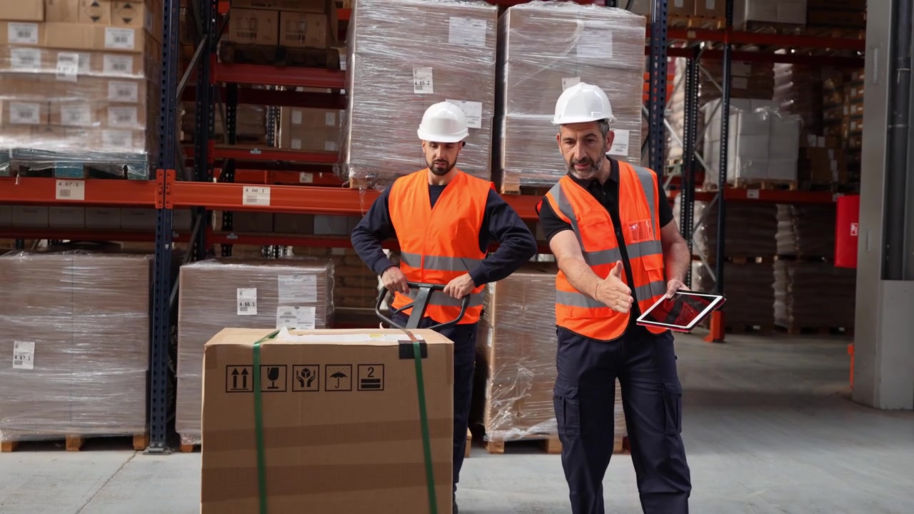 Operai di magazzino che utilizzano transpallet e tablet per gestire l'inventario