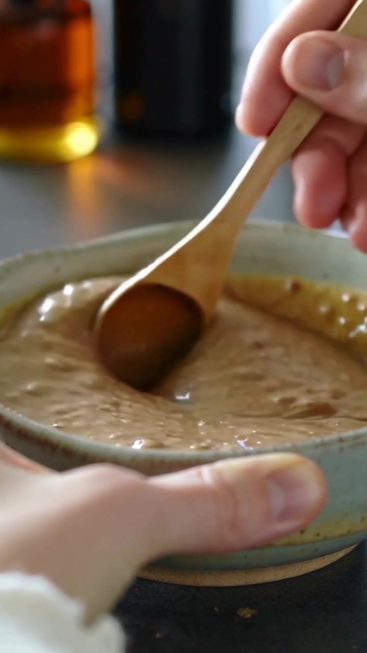 Vertical video: Hands stirring paste after wooden spoon dipping into ceramic bowl at counter to use