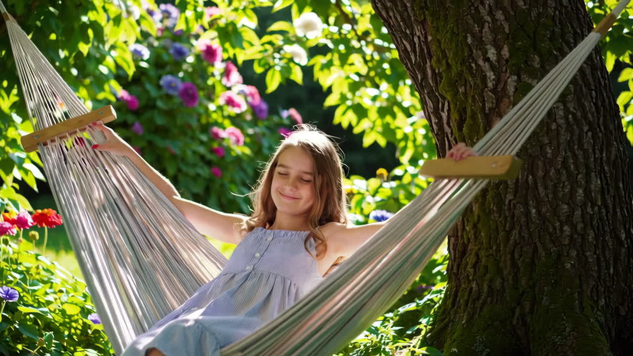 Girl Relaxing in a Hammock in a Sunny Garden