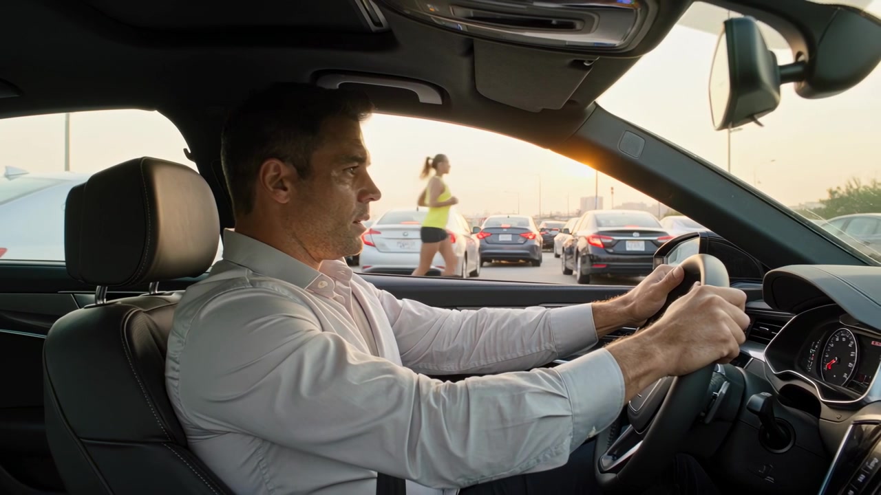 Jogger i gul topp passerer, noe som får sjåføren i hvit skjorte til å gripe rattet i bilen, kikke og refokusere.