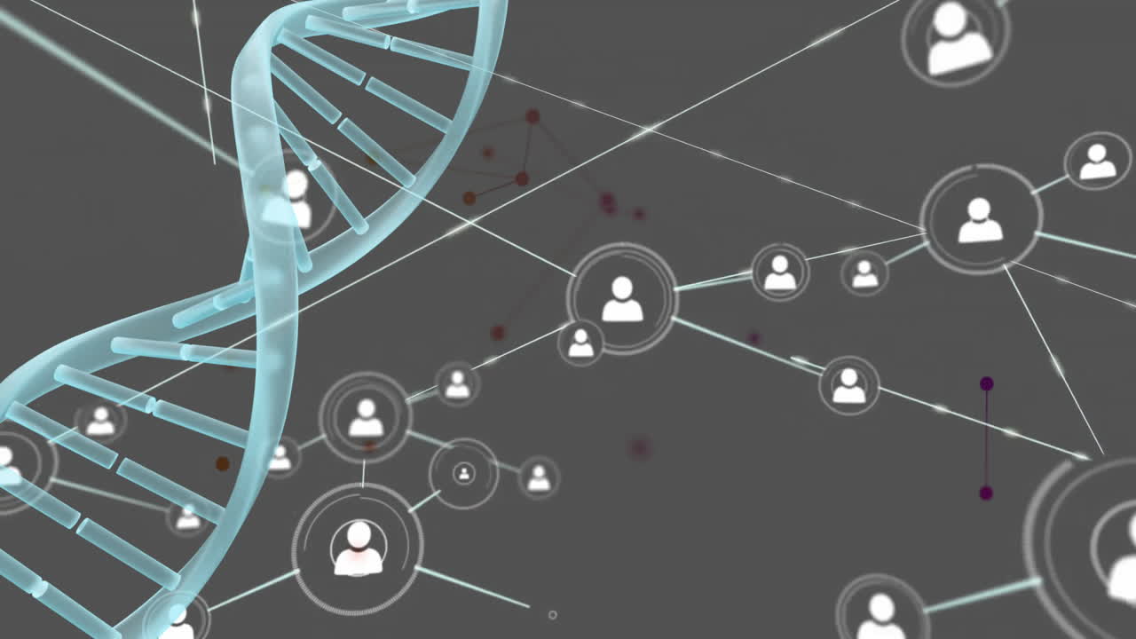 Animation of network of connections with people icons over dna strand on black background