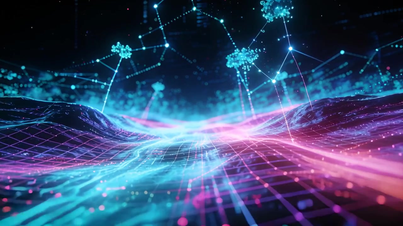 Telecamera che avanza rivelando una griglia ciano-magenta ondulante, esponendo cluster di nodi e raggi più profondi.
