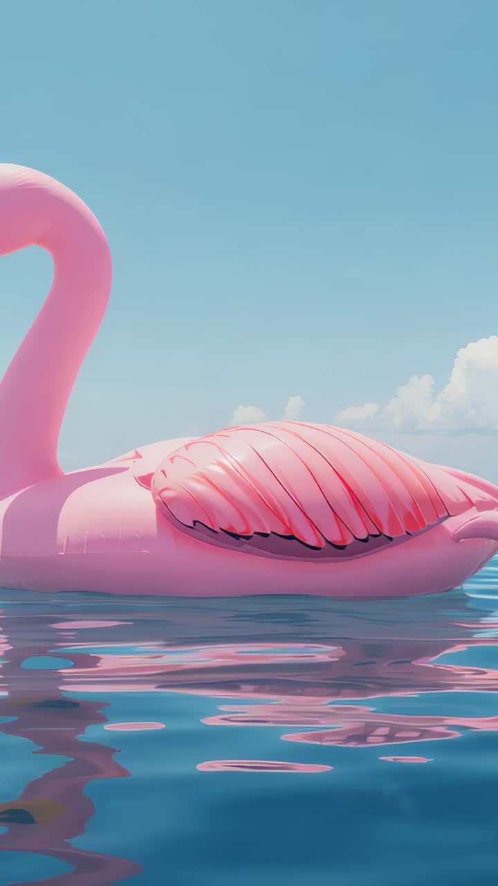 Vertical video: Drifting pink flamingo float bobbing and reflecting on calm water with light breeze