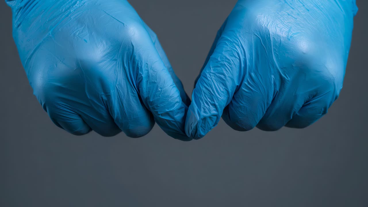Modificare la posizione delle mani che indossano guanti in nitrile blu dopo il contatto delle punte delle dita su sfondo grigio, verificandone l'aderenza