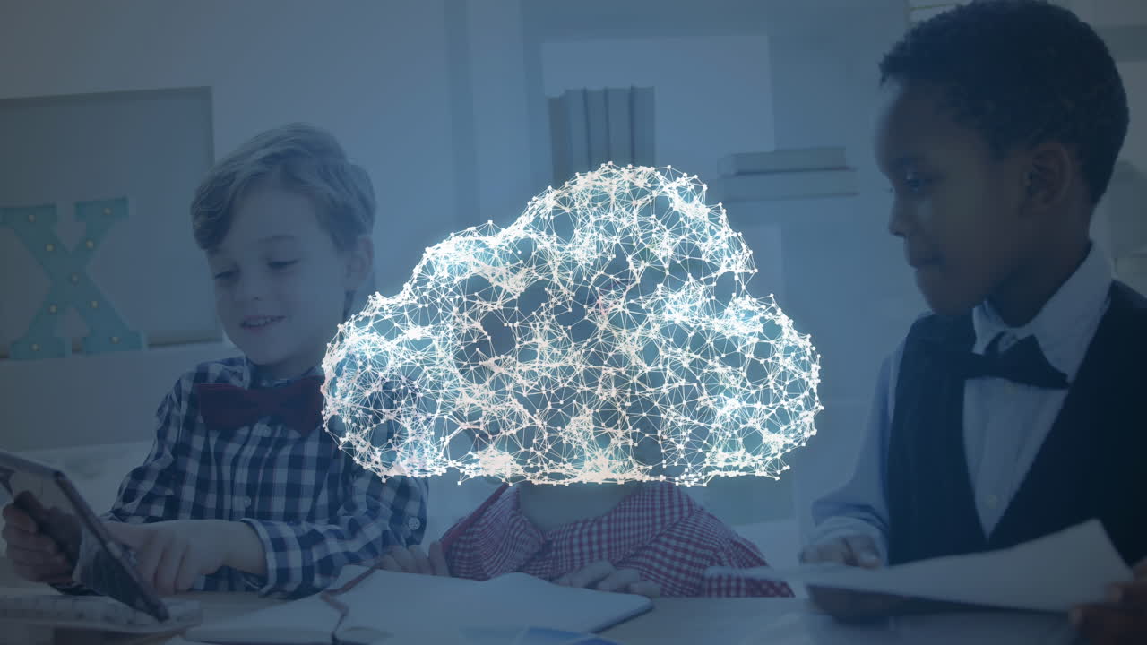 animación en la nube sobre los jóvenes que trabajan en la computadora portátil.