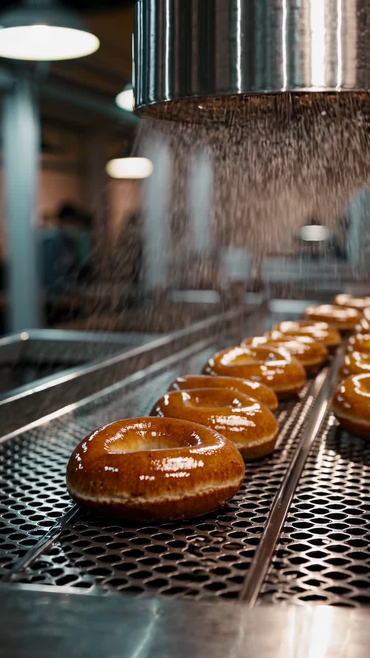 Close-up video of glazed donuts on a conveyor belt, captured from a low angle