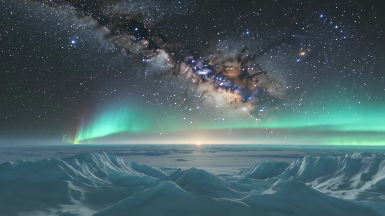 Rising horizon sending aurora band expanding across polar sky with Milky Way, lighting icy ridges