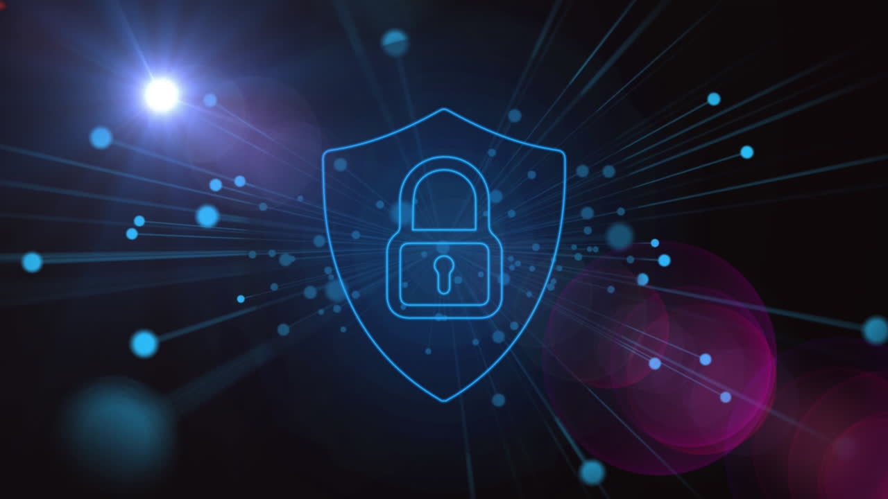 animatie van een online beveiligingshangslot en een netwerk van verbindingen op een donkere achtergrond