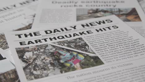 titular de periódico con la devastación causada por el desastre del terremoto 14