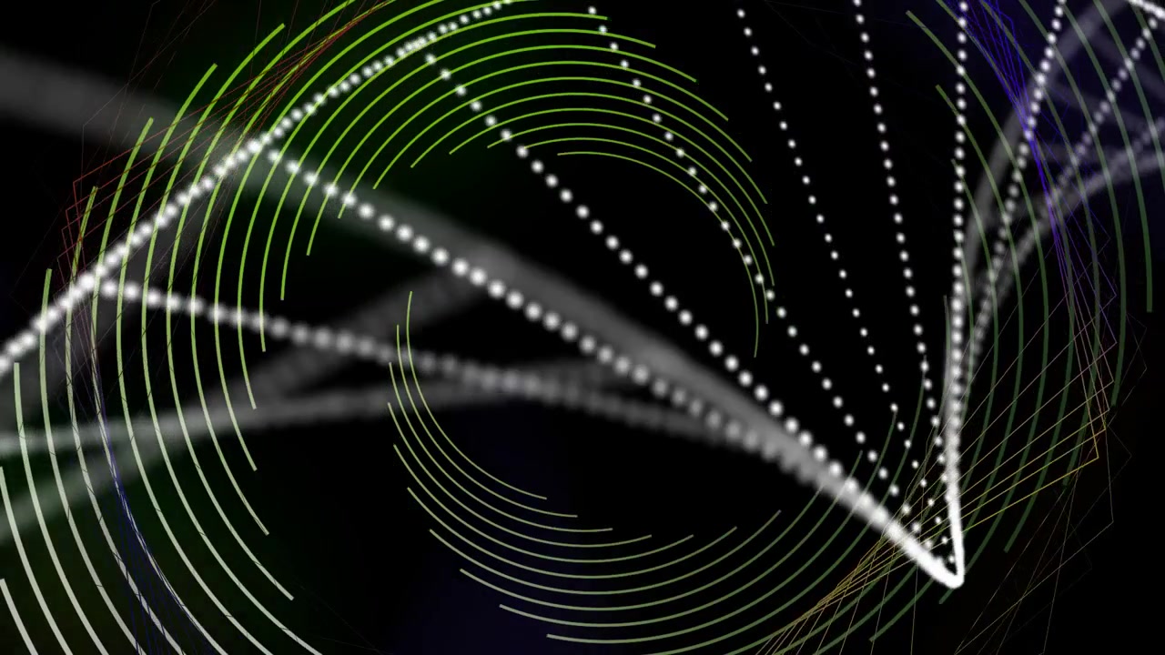 Particle surge initiating motion, green arcs forming spiral, dotted streams focusing, showing flow