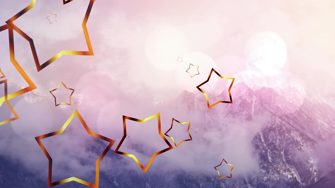 animación de estrellas de navidad cayendo sobre el paisaje de la montaña en el fondo