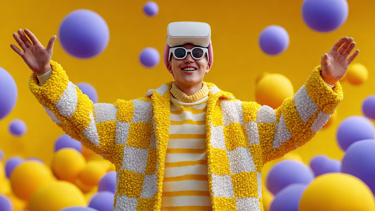 A joyful person wearing stylish glasses and a VR headset, surrounded by colorful floating spheres and vibrant decorations, showcasing playful creativity and modern technology against a bright yellow backdrop