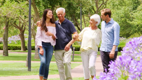 Junges-Erwachsenes-Paar-Und-Schwiegereltern,-Die-Gemeinsam-In-Einem-Park-Spazieren-Gehen