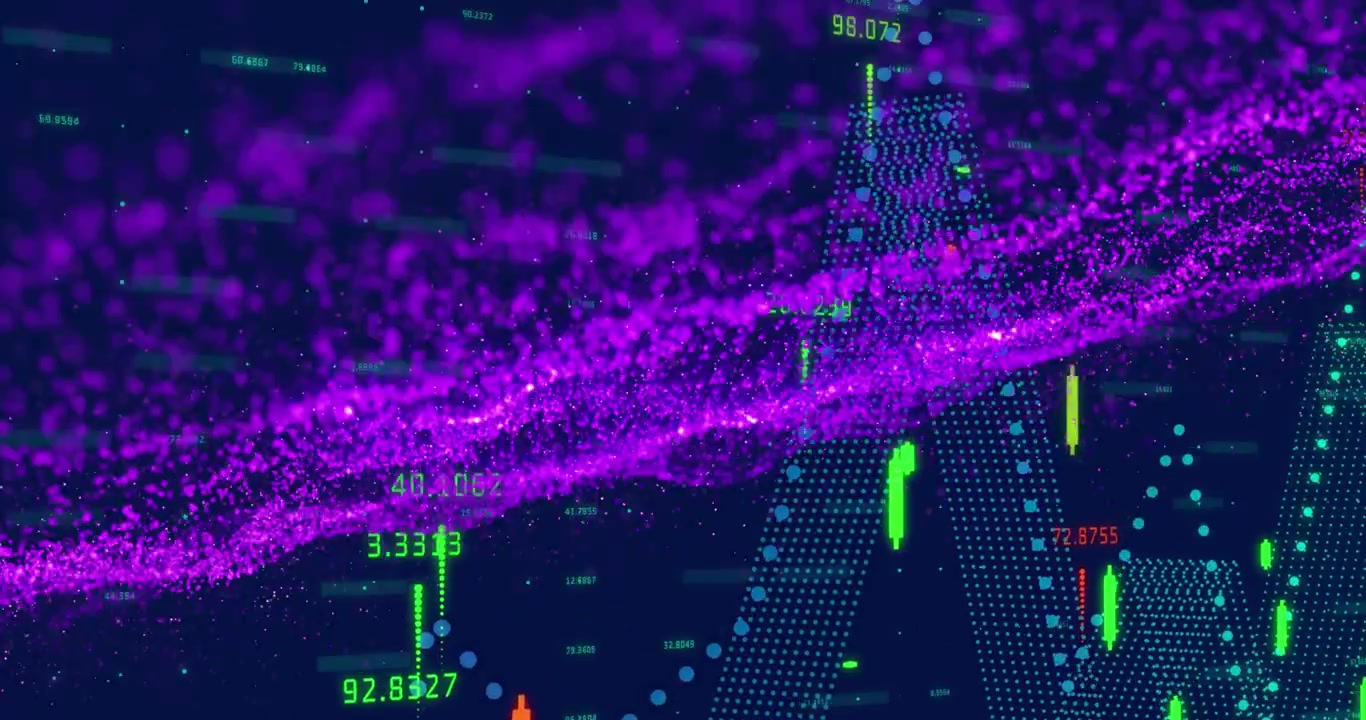 Animation of purple wave pattern and green dots forming line graph over trading board