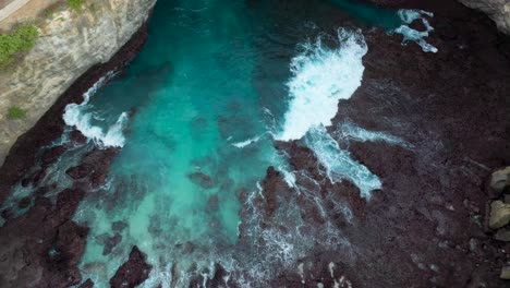 drone footage at broken beach in nusa penida, bali, indonesia