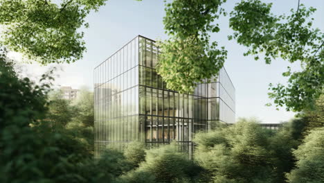 modern glass building surrounded by lush green trees
